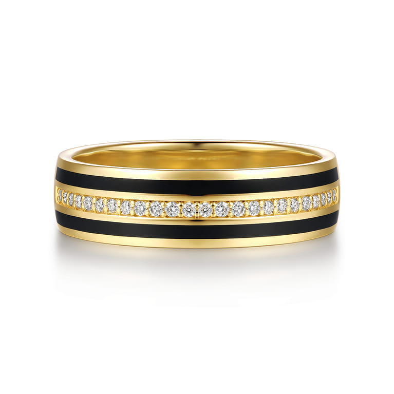 14K Yellow Gold Diamond Men's Ring in High Polish Finish With Black Enamel - 0.14 ct - Shot 1