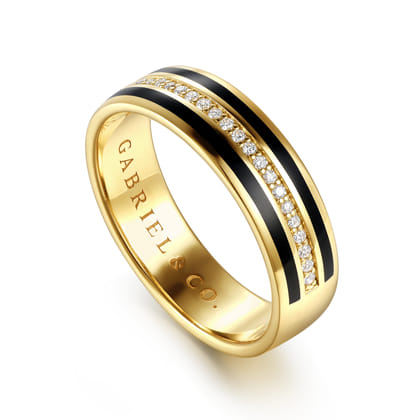 14K Yellow Gold Diamond Men's Ring in High Polish Finish With Black Enamel