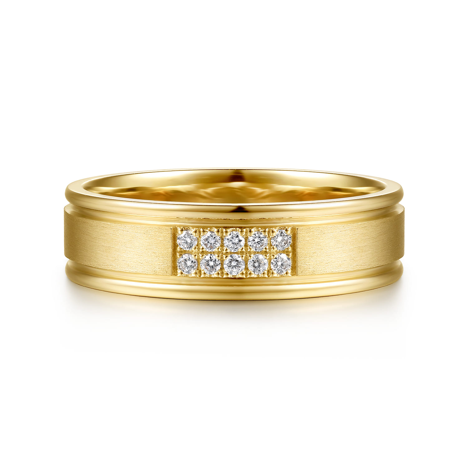 14K Yellow Gold Diamond Men's Ring in Horizontal Brush Finish - 0.1 ct - Shot 1
