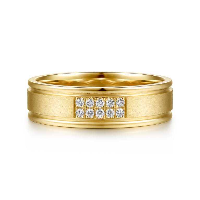 14K Yellow Gold Diamond Men's Ring in Horizontal Brush Finish - 0.1 ct - Shot 1