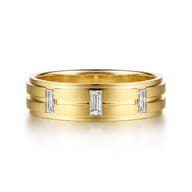 14K Yellow Gold Diamond Men's Ring in Horizontal Brush Finish