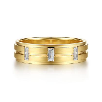 14K Yellow Gold Diamond Men's Ring in Horizontal Brush Finish