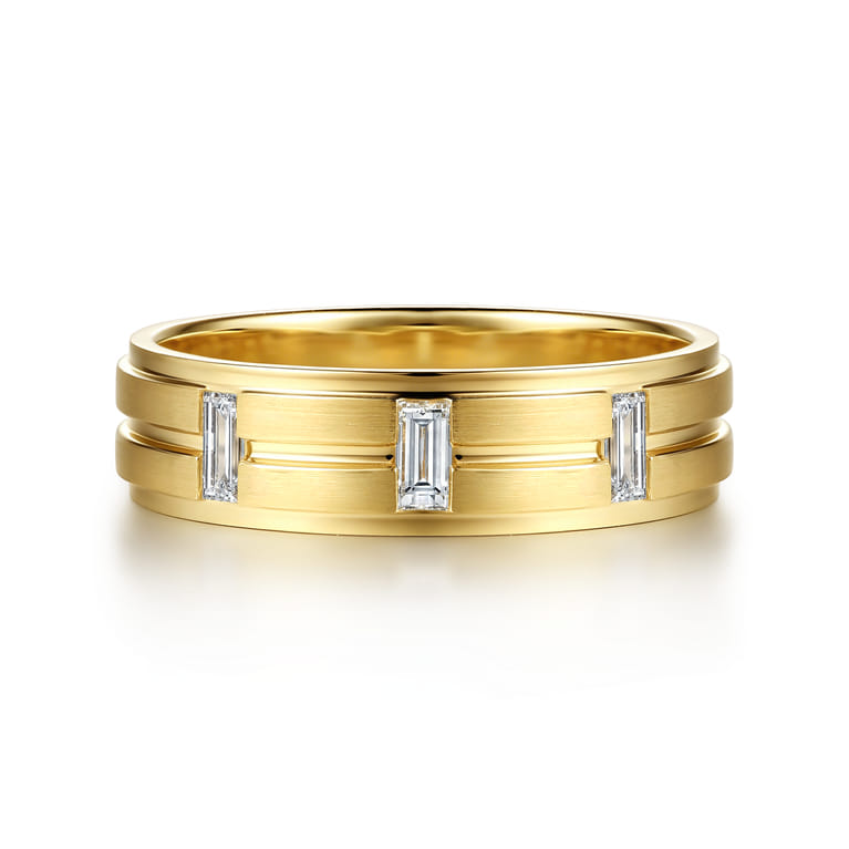 14K Yellow Gold Diamond Men's Ring in Horizontal Brush Finish - 0.3 ct - Shot 1