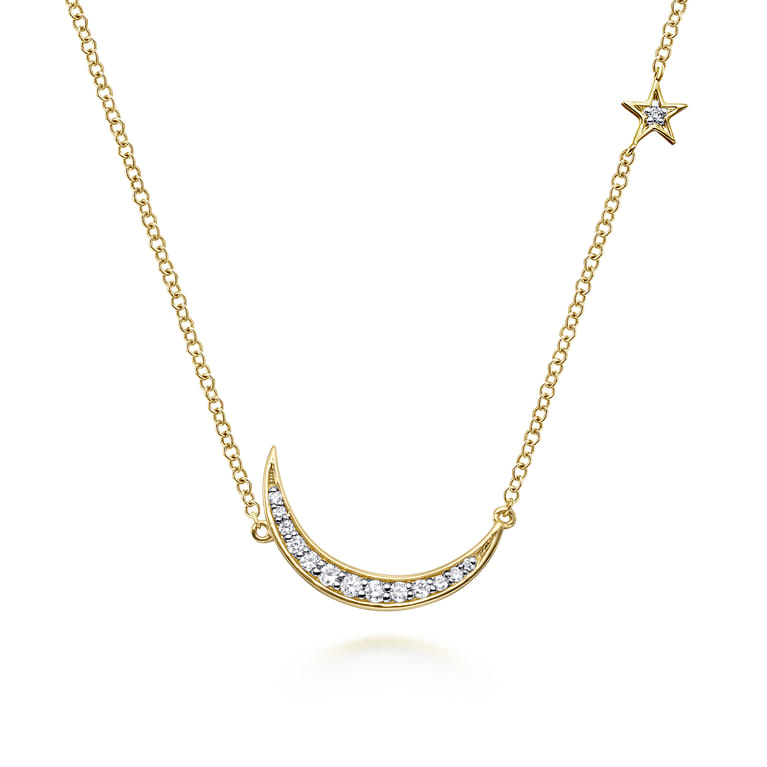 14K Yellow Gold Diamond Moon Pendant Necklace - 0.12 ct - Shot 1
