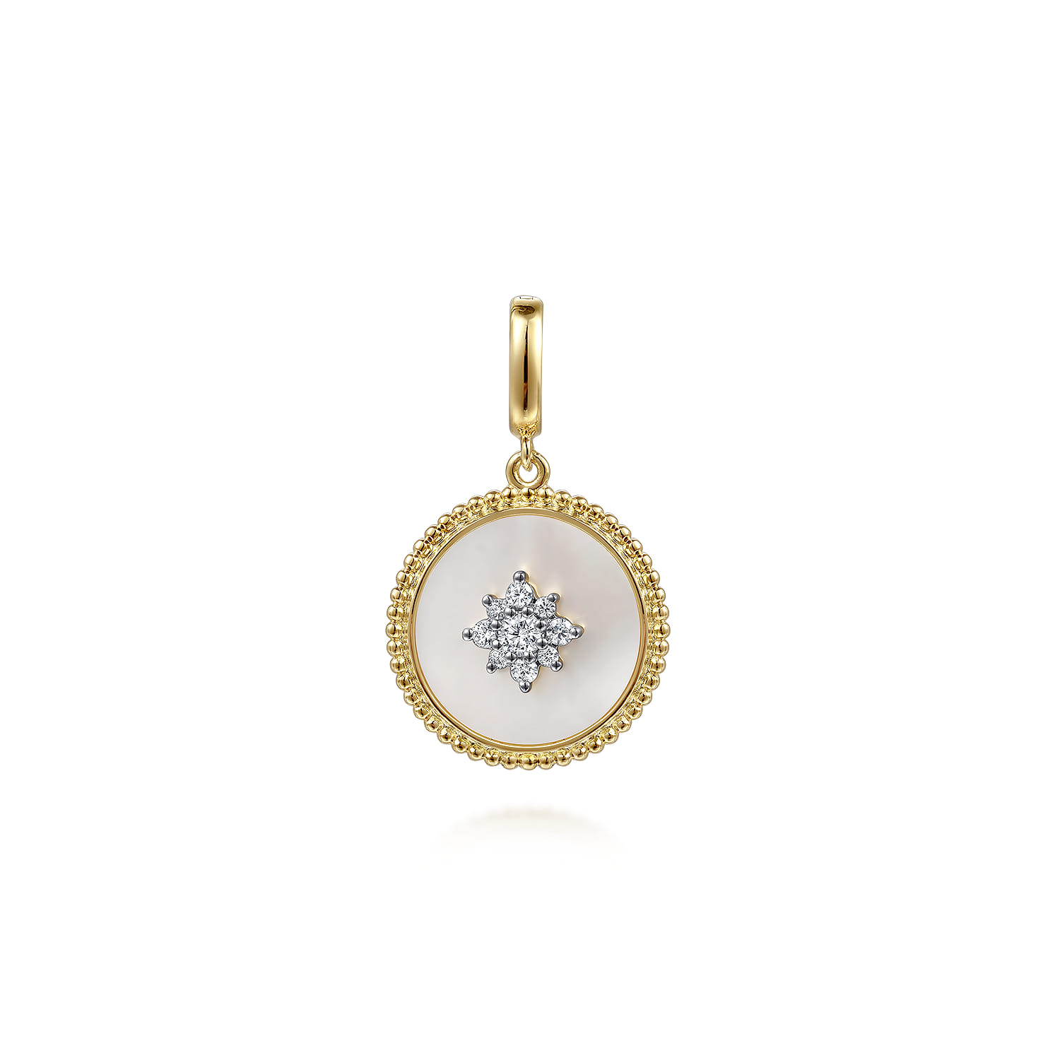 14K Yellow Gold Diamond  Mother of Pearl Medallion Pendant in size 18mm With Detachable Bail