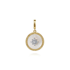 14K Yellow Gold Diamond  Mother of Pearl Medallion Pendant in size 18mm With Detachable Bail