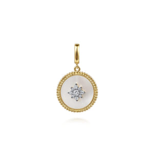 14K Yellow Gold Diamond  Mother of Pearl Medallion Pendant in size 18mm With Detachable Bail