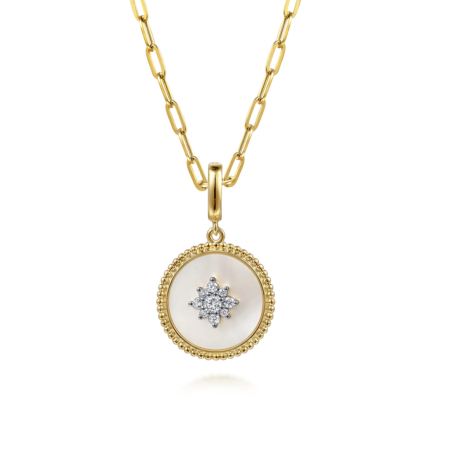 14K Yellow Gold Diamond  Mother of Pearl Medallion Pendant in size 18mm With Detachable Bail