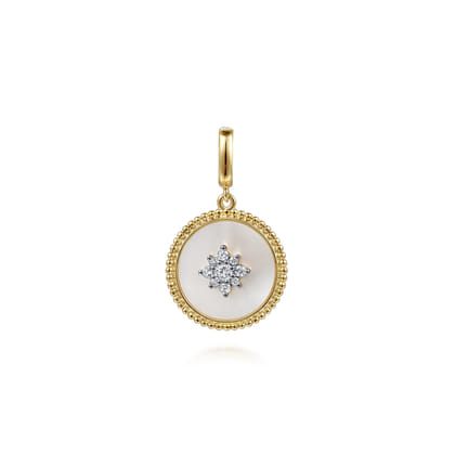 14K Yellow Gold Diamond Mother of Pearl Medallion Pendant in size 18mm with Detachable Bail