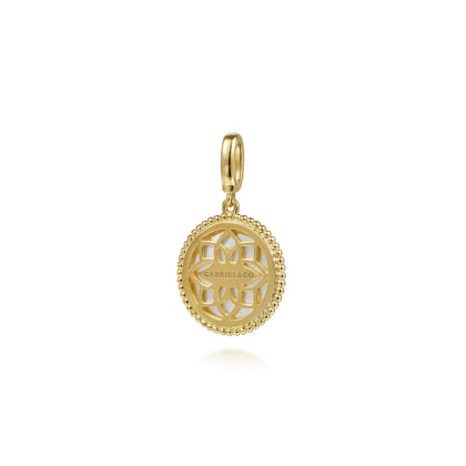 14K Yellow Gold Diamond Mother of Pearl Medallion Pendant in size 18mm with Detachable Bail