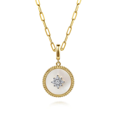 14K Yellow Gold Diamond Mother of Pearl Medallion Pendant in size 18mm with Detachable Bail
