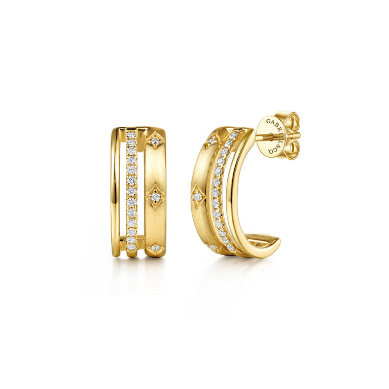 14K Yellow Gold Diamond Multi Row Huggie Earrings - 0.2 ct - Shot 1