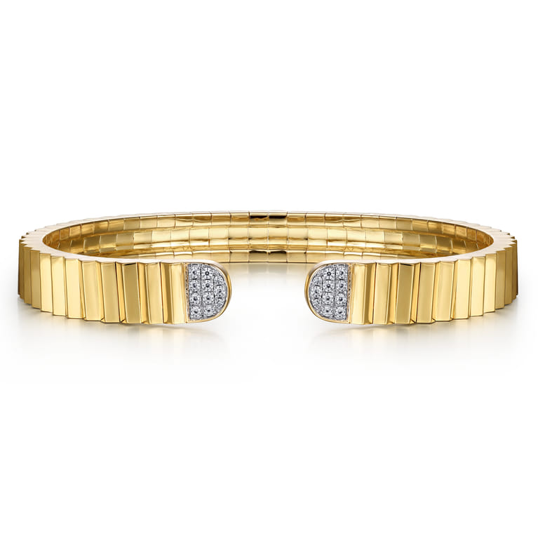 14K Yellow Gold Diamond Open Bangle Bracelet in Diamond Cut Texture - 0.2 ct - Shot 1