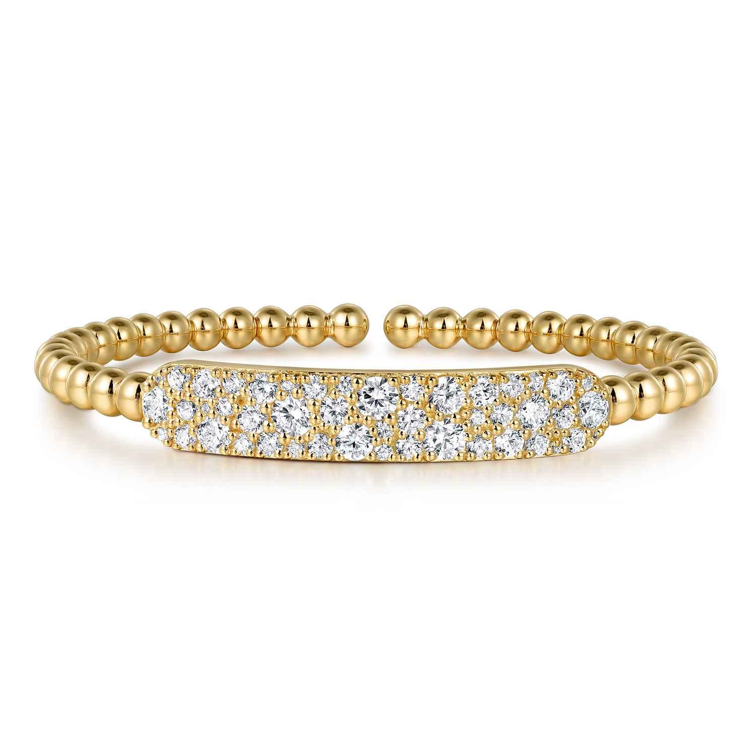 14K Yellow Gold Diamond Pave Bar Bujukan Bead Split Bangle - 2.4 ct - Shot 1