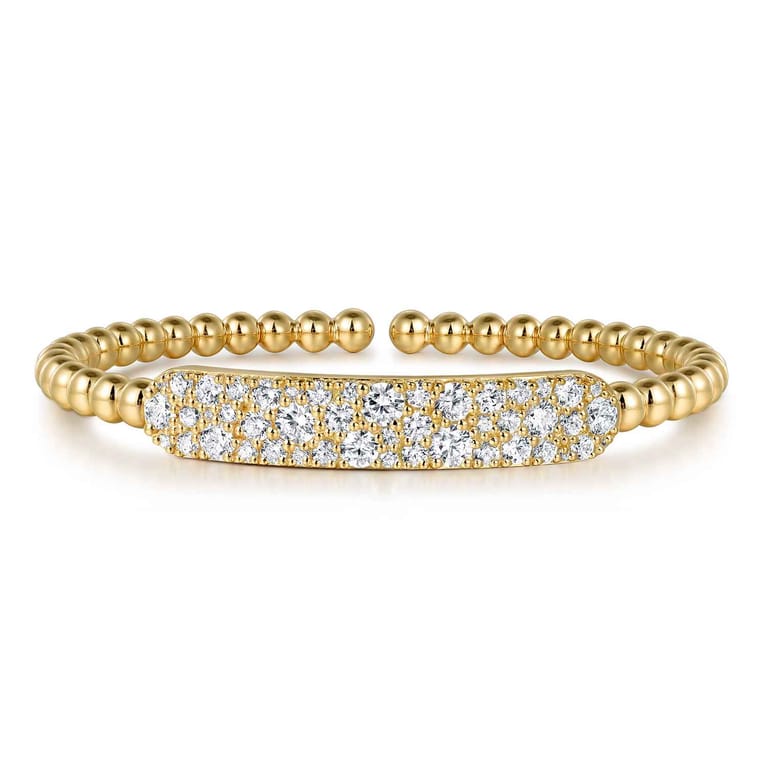 14K Yellow Gold Diamond Pave Bar Bujukan Bead Split Bangle - 2.4 ct - Shot 1