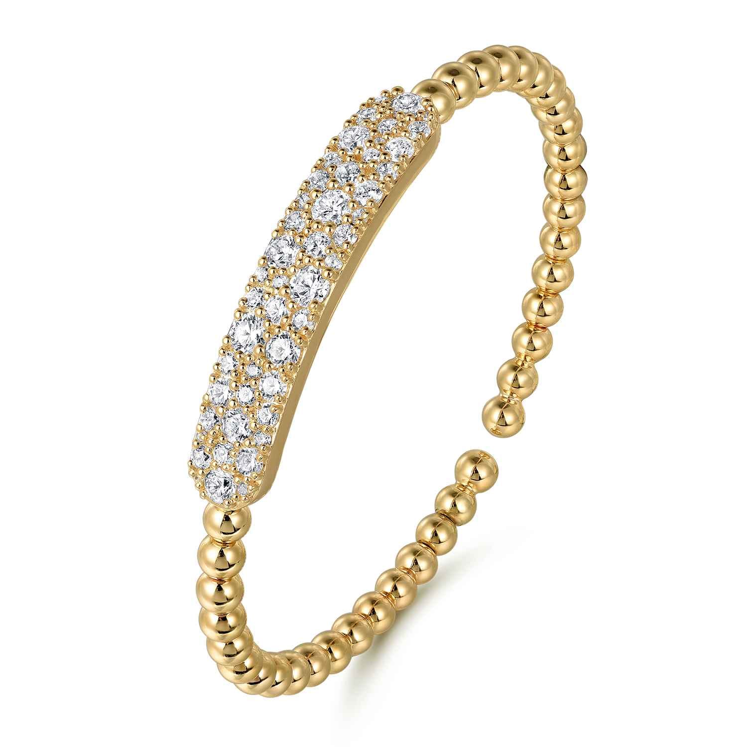 14K Yellow Gold Diamond Pave Bar Bujukan Bead Split Bangle - 2.4 ct - Shot 2