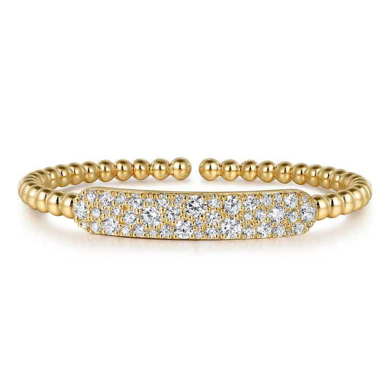 14K Yellow Gold Diamond Pave Bar Bujukan Bead Split Bangle - 2.4 ct - Shot 1