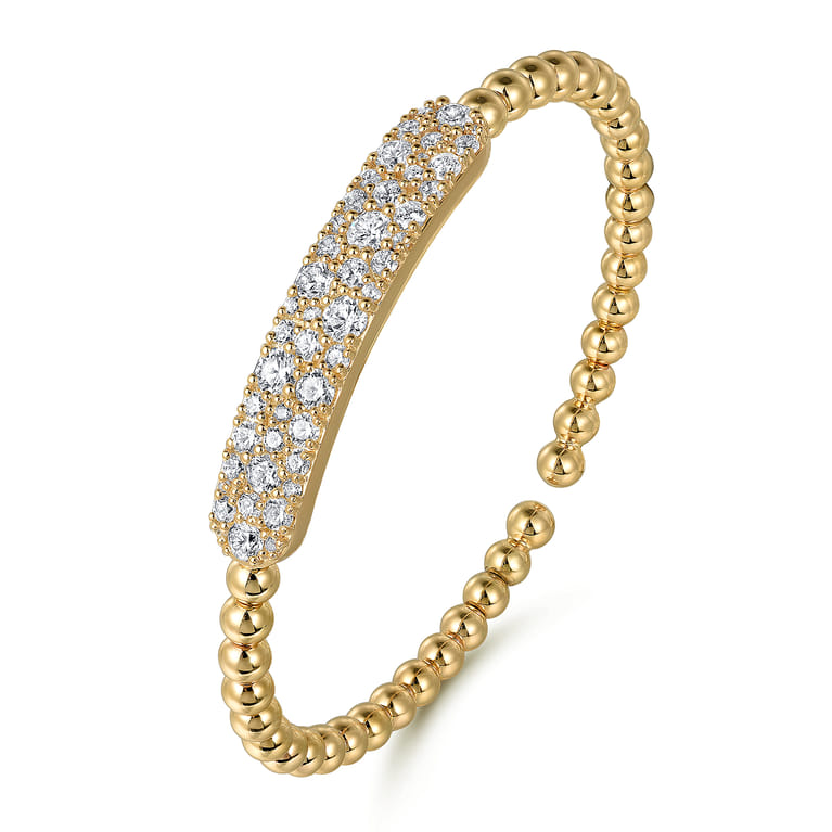 14K Yellow Gold Diamond Pave Bar Bujukan Bead Split Bangle - 2.4 ct - Shot 2
