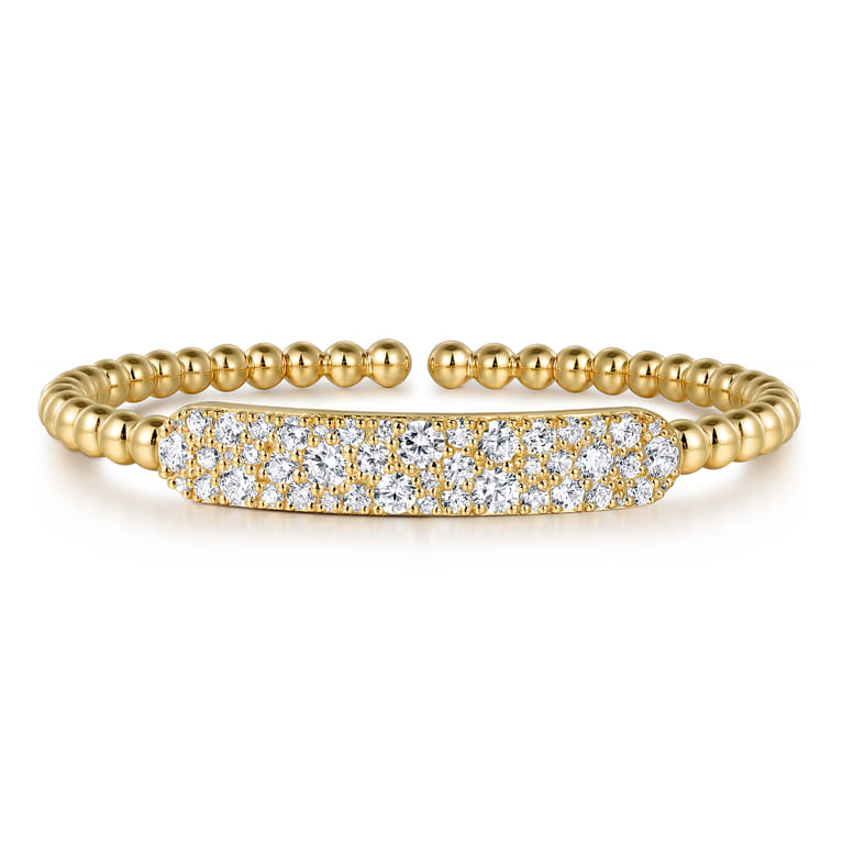 14K Yellow Gold Diamond Pave Bar Bujukan Bead Split Bangle - 2.4 ct - Shot 1