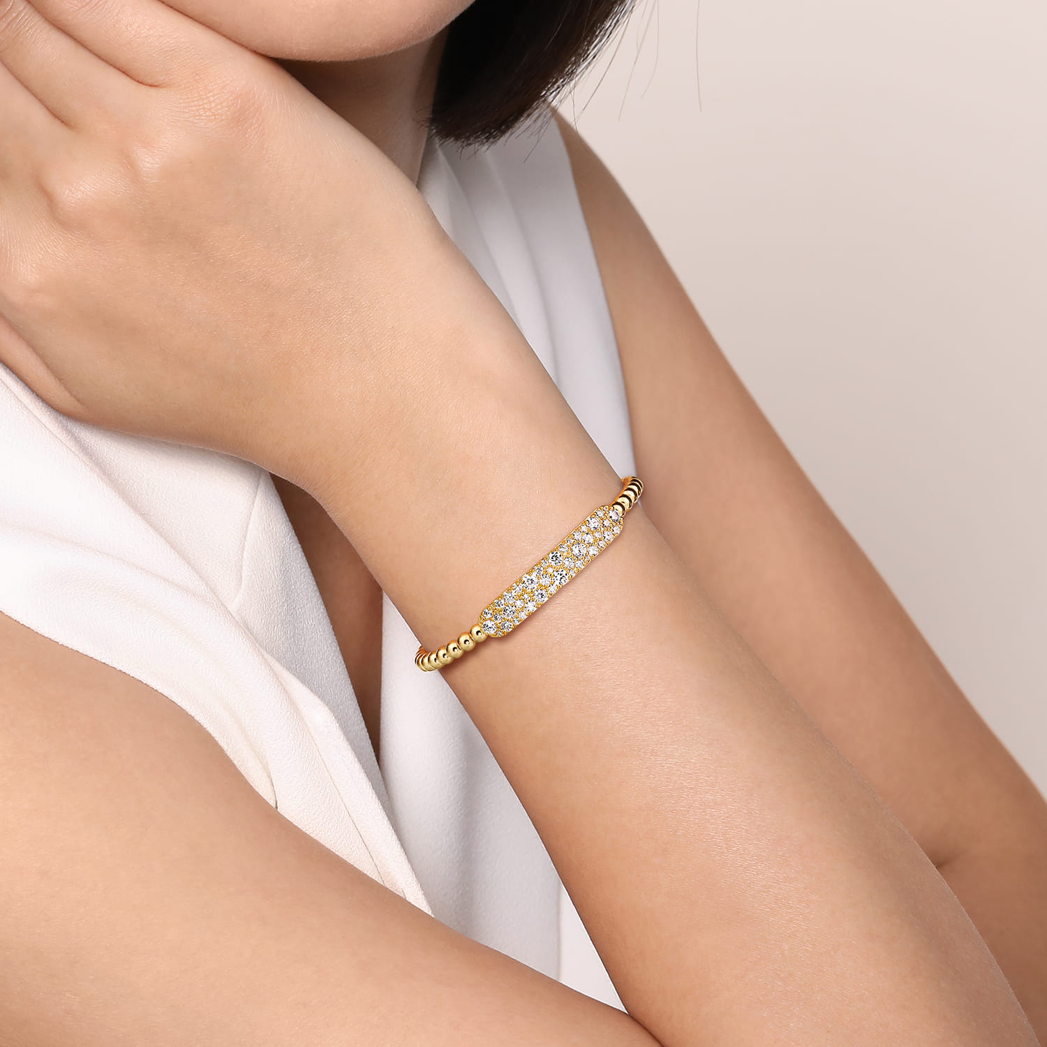 14K Yellow Gold Diamond Pave Bar Bujukan Bead Split Bangle - 2.4 ct - Shot 4