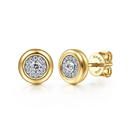 14K Yellow Gold Diamond Pave Bezel Stud Earrings
