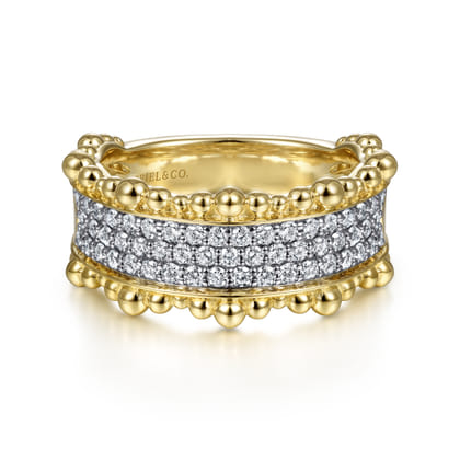 14K Yellow Gold Diamond Pave Center Ring with Bujukan Bead Border