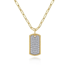 14K Yellow Gold Diamond Pavé Dog Tag Pendant Hollow Chain Necklace
