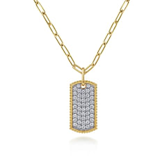 14K Yellow Gold Diamond Pave Dog Tag Pendant Hollow Chain Necklace