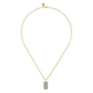 14K Yellow Gold Diamond Pave Dog Tag Pendant Hollow Chain Necklace
