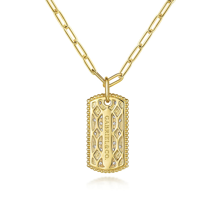 14K Yellow Gold Diamond Pave Dog Tag Pendant Hollow Chain Necklace
