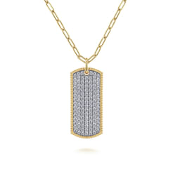 14K Yellow Gold Diamond Pavé Dog Tag Pendant Hollow Chain Necklace