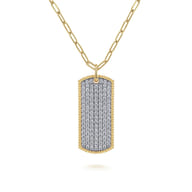 14K Yellow Gold Diamond Pave Dog Tag Pendant Hollow Chain Necklace