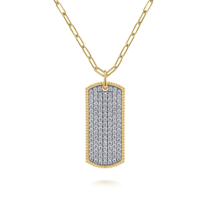 14K Yellow Gold Diamond Pave Dog Tag Pendant Hollow Chain Necklace