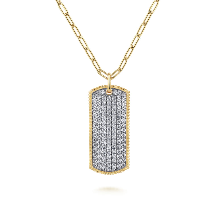 14K Yellow Gold Diamond Pave Dog Tag Pendant Hollow Chain Necklace - 1.6 ct - Shot 1