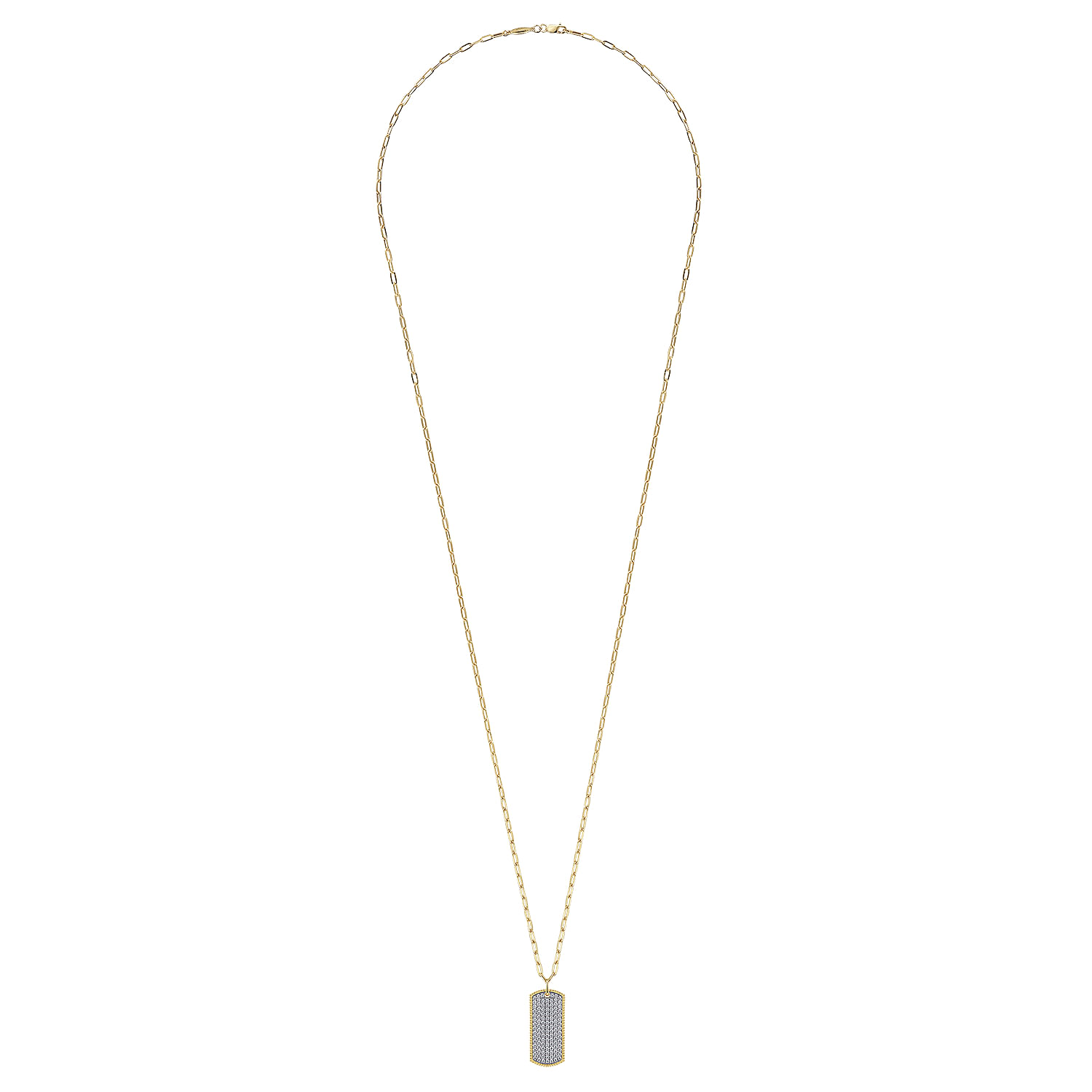 14K Yellow Gold Diamond Pave Dog Tag Pendant Hollow Chain Necklace