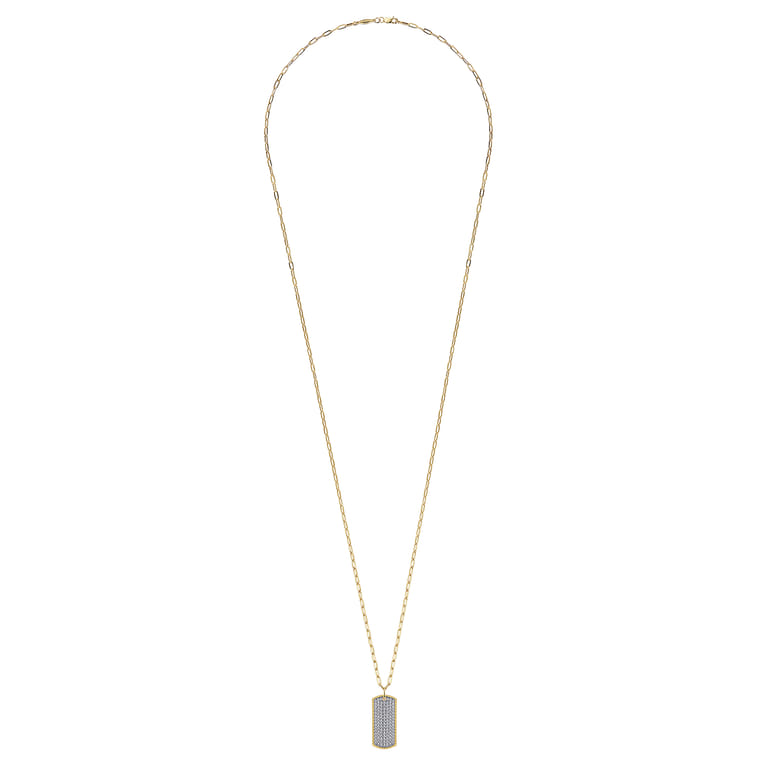 14K Yellow Gold Diamond Pave Dog Tag Pendant Hollow Chain Necklace - 1.6 ct - Shot 2