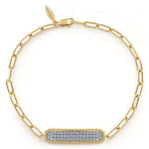 14K Yellow Gold Diamond Pave Wide Bar Hollow Chain Bracelet