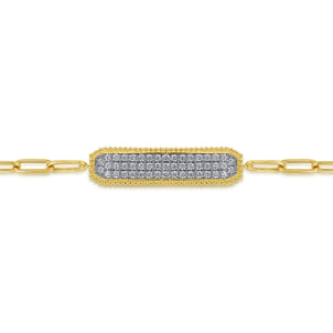 14K Yellow Gold Diamond Pave Wide Bar Hollow Chain Bracelet
