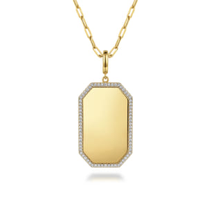 14K Yellow Gold Diamond Personalized Elongated Octagonal Shaped Medallion Pendant Necklace with Hollow Paperclip Chain