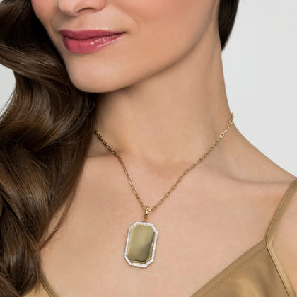 14K Yellow Gold Diamond Personalized Elongated Octagonal Shaped Medallion Pendant Necklace with Hollow Paperclip Chain