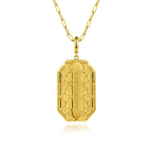 14K Yellow Gold Diamond Personalized Elongated Octagonal Shaped Medallion Pendant Necklace with Hollow Paperclip Chain