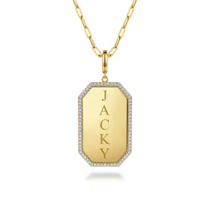 14K Yellow Gold Diamond Personalized Elongated Octagonal Shaped Medallion Pendant Necklace with Hollow Paperclip Chain