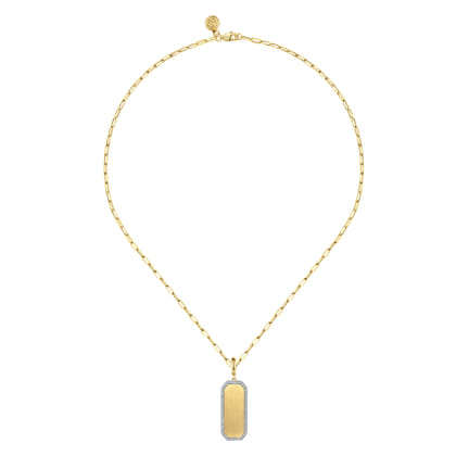 14K Yellow Gold Diamond Personalized Medallion Necklace with Hollow Paperclip Chain