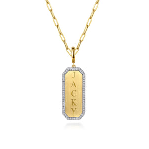 14K Yellow Gold Diamond Personalized Medallion Necklace with Hollow Paperclip Chain