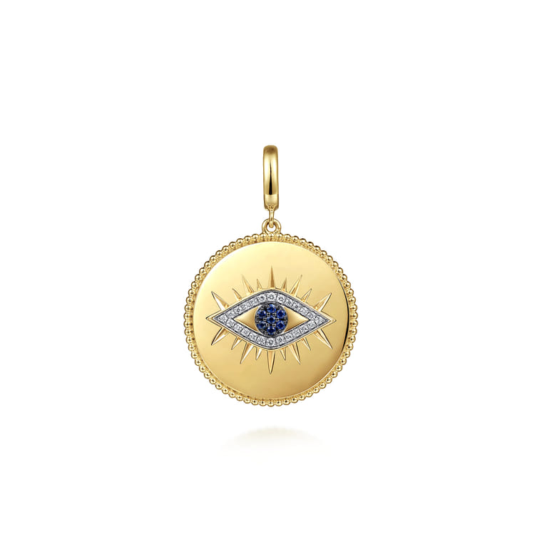 14K Yellow Gold Diamond  Sapphire Evil Eye Medallion Pendant With Detachable Bail - 0.13 ct - Shot 1