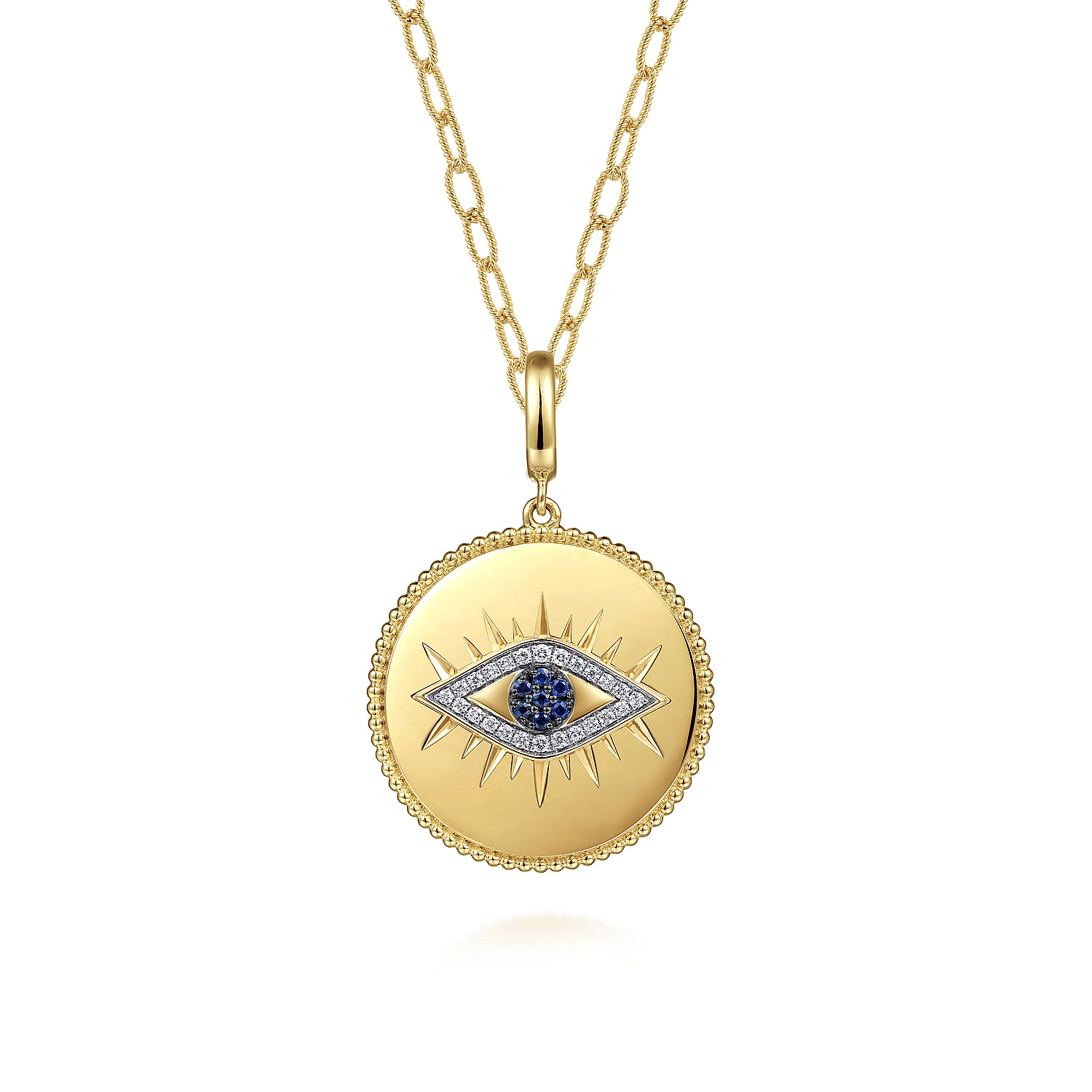 14K Yellow Gold Diamond  Sapphire Evil Eye Medallion Pendant With Detachable Bail