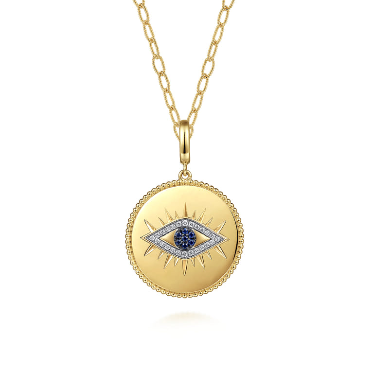 14K Yellow Gold Diamond  Sapphire Evil Eye Medallion Pendant With Detachable Bail - 0.13 ct - Shot 3