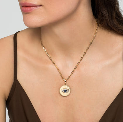 14K Yellow Gold Diamond  Sapphire Evil Eye Medallion Pendant With Detachable Bail