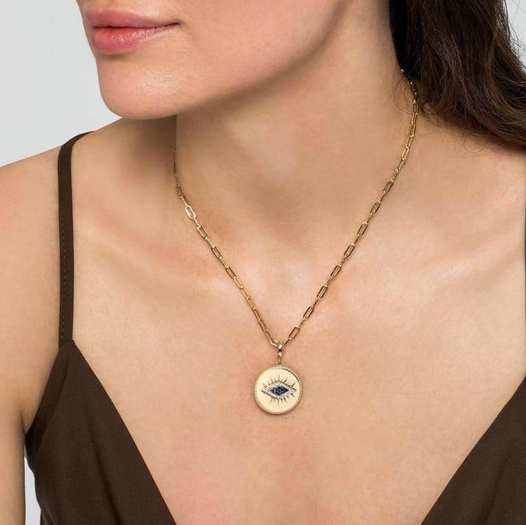 14K Yellow Gold Diamond  Sapphire Evil Eye Medallion Pendant With Detachable Bail - 0.13 ct - Shot 4