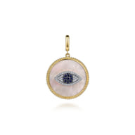 14K Yellow Gold Diamond Sapphire and White Mother of Pearl Evil Eye Medallion Pendant With Detachable Bail